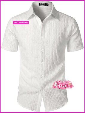 Polyester Blend Knit Short Sleeve Button Down Shirt Casual Stretch